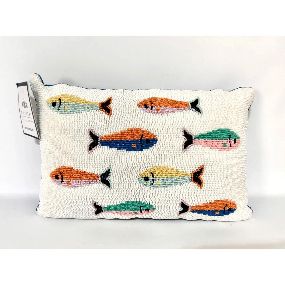 Coastal Collection Colorful Fish Sardines Beaded Decorative Small Pillow NEW